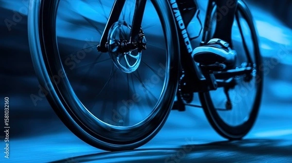 Fototapeta Sleek road bike tire on smooth asphalt, blurred cyclist in background, embodying speed and efficiency.