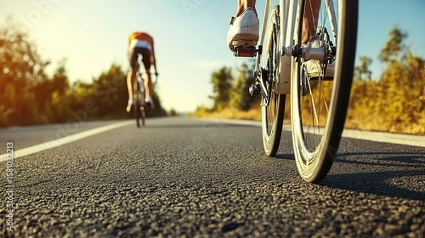 Fototapeta Sleek road bike tire on smooth asphalt, blurred cyclist in background, embodying speed and efficiency.