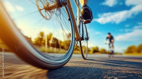 Fototapeta Sleek road bike tire on smooth asphalt, blurred cyclist in background, embodying speed and efficiency.