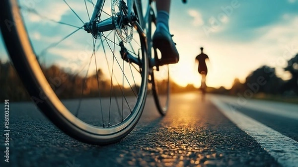 Fototapeta Sleek road bike tire on smooth asphalt, blurred cyclist in background, embodying speed and efficiency.