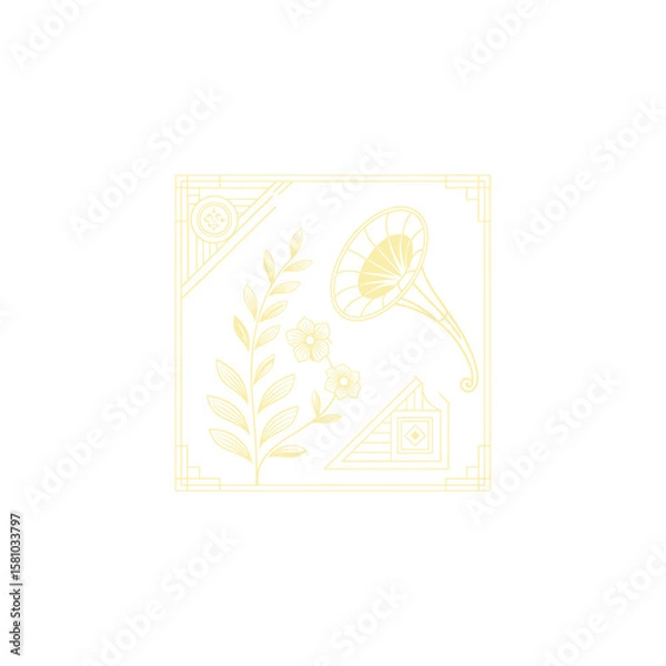 Fototapeta Gold art deco panel and border with ornament on white background