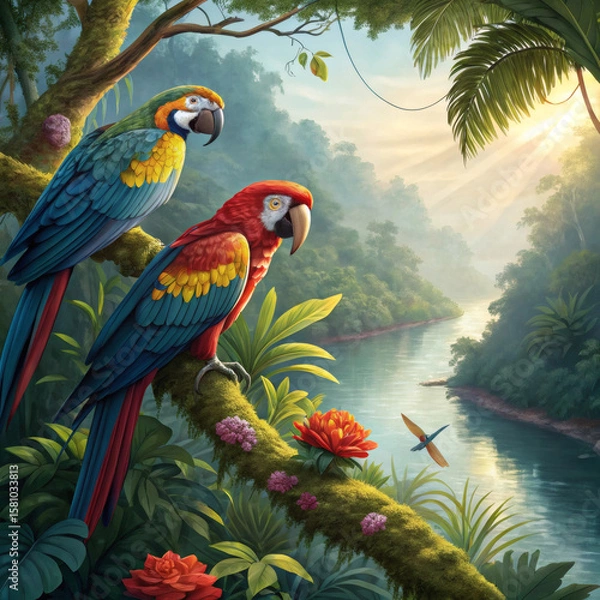 Fototapeta Two colorful macaws perched on a mossy branch overlooking a serene jungle river at sunrise