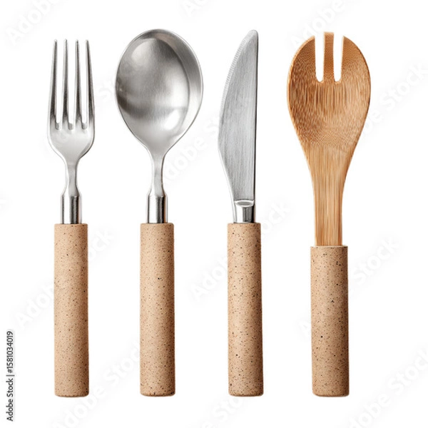 Obraz Eco cutlery set made of stainless steel and bamboo. Isolated white background. Png format