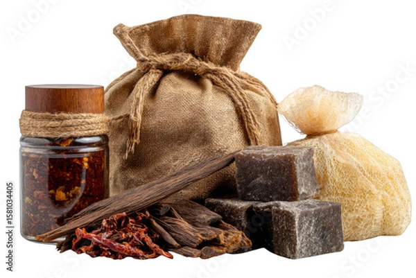 Fototapeta Collection of Local Souvenirs in Brown Gift Bag with Spices, Sweets, and Handcrafted Items