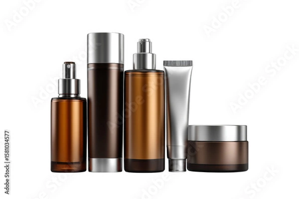 Fototapeta Collection of Skincare Bottles and Tubes in Various Shapes and Sizes on a Smooth Surface