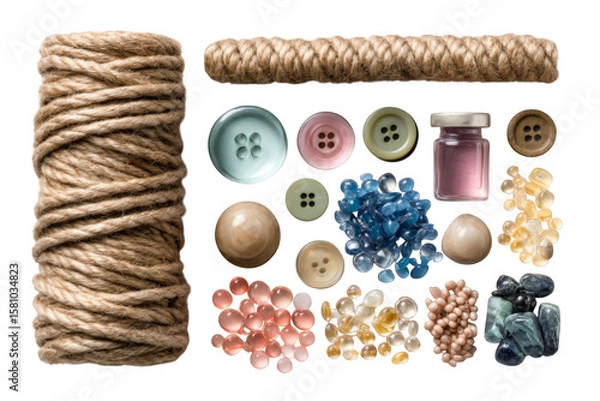 Fototapeta Assorted Craft Supplies Including Rope, Buttons, and Colorful Fabric Scraps for Creative Projects