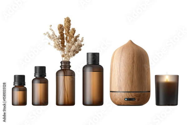 Fototapeta Essential Oil Bottles and Diffuser with Dried Herbs and Candle in Cozy Setting