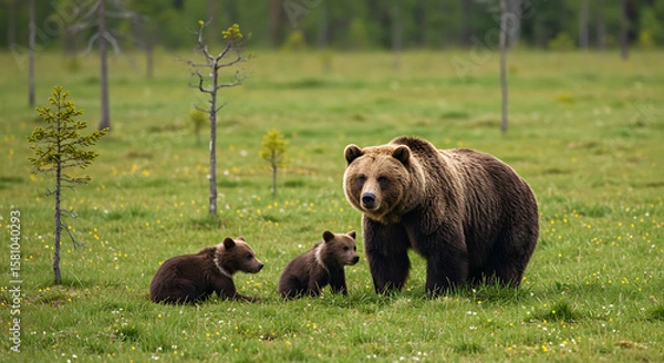 Obraz Brown Bear with Two Cubs in Meadow.