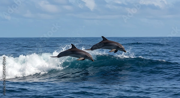 Fototapeta Playful dolphins jumping over breaking waves.