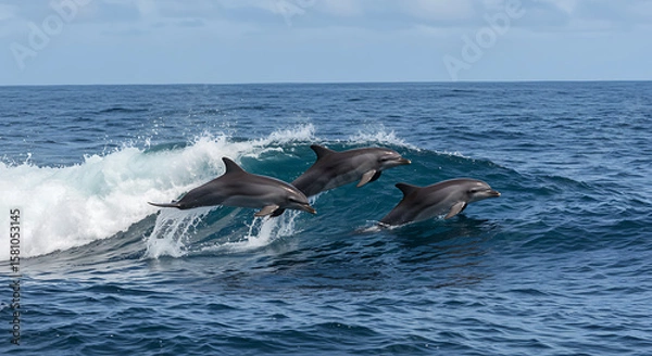 Fototapeta Playful dolphins jumping over breaking waves.