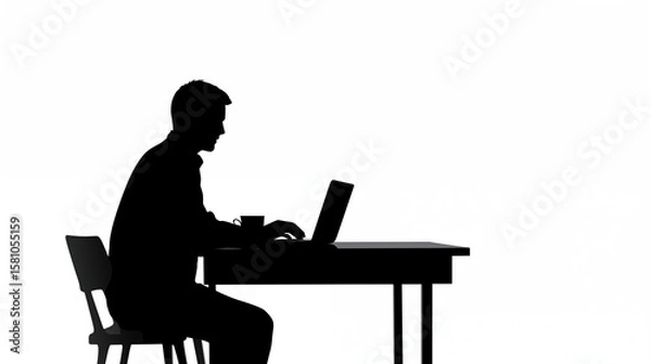 Fototapeta Black silhouette of a person sitting at a desk with laptop and coffee cup, head tilted forward, symbolizing remote work or freelancing, in minimal icon style on a pure white background


