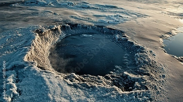 Fototapeta Melting ice sheet with scattered dark dust, symbolizing the urgent impact of environmental change.