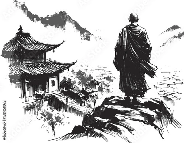 Fototapeta Peace Embodied monk linework vintage ink sketch hand drawn pen drawing illustration background vector