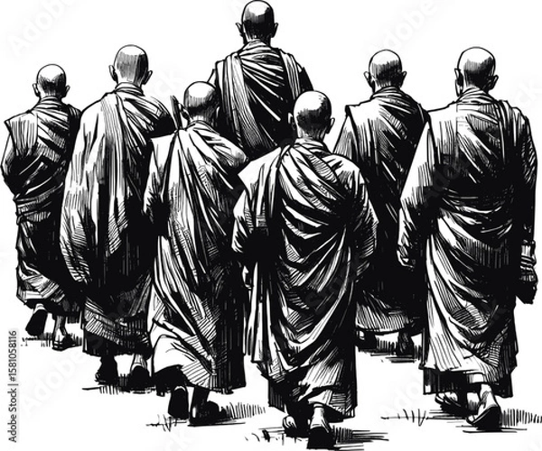 Fototapeta The Monk’s Discipline linework vintage ink sketch hand drawn pen drawing illustration background vector