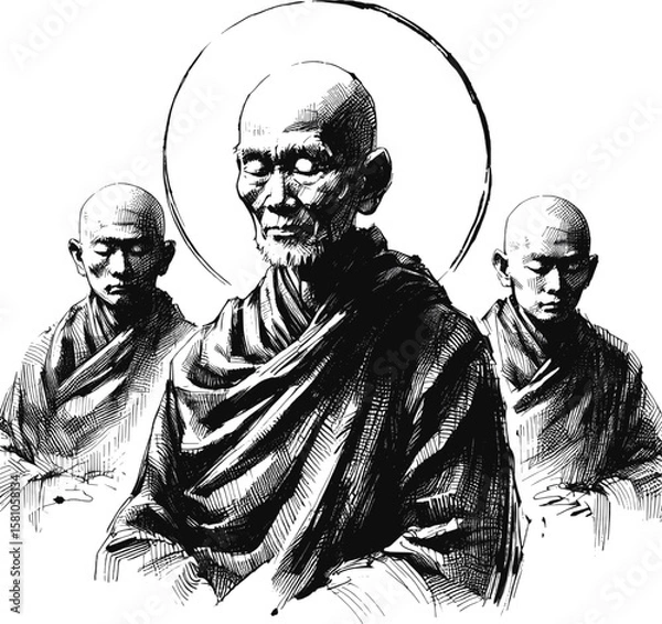 Fototapeta The Lotus and the Monk linework vintage ink sketch hand drawn pen drawing illustration background vector