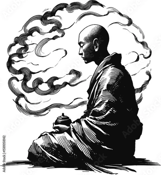 Fototapeta The Mountain Sage monk linework vintage ink sketch hand drawn pen drawing illustration background vector