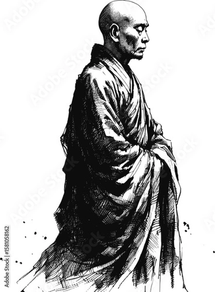 Fototapeta Loud Wisdom monk linework vintage ink sketch hand drawn pen drawing illustration background vector