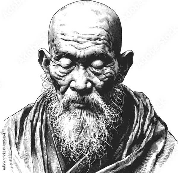 Fototapeta A Life of Solitude monk linework vintage ink sketch hand drawn pen drawing illustration background vector