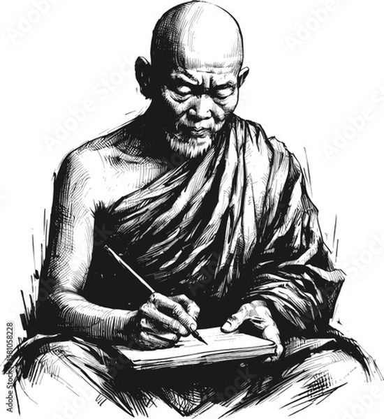 Fototapeta Thai monk linework vintage ink sketch hand drawn pen drawing illustration background vector