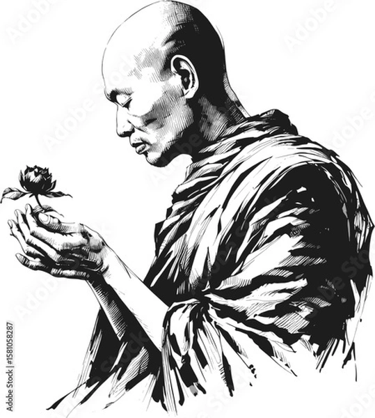 Fototapeta Meditation in Motion Thai monk linework vintage ink sketch hand drawn pen drawing illustration background vector