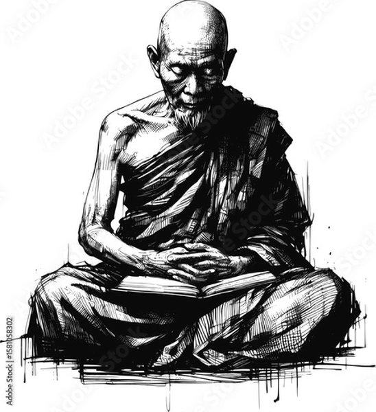 Fototapeta Ancient Teachings Thai monk linework vintage ink sketch hand drawn pen drawing illustration background vector