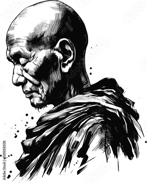 Fototapeta Between Earth and Enlightenment Thai monk linework vintage ink sketch hand drawn pen drawing illustration background vector