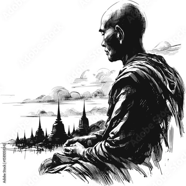 Fototapeta The Last Offering: A Monk’s Humility Thai monk linework vintage ink sketch hand drawn pen drawing illustration background vector