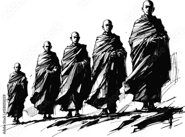 Fototapeta The Monk’s Walk Thai monk linework vintage ink sketch hand drawn pen drawing illustration background vector