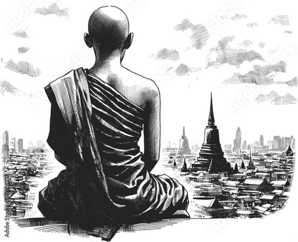 Fototapeta The Monk and the Unseen Thai monk linework vintage ink sketch hand drawn pen drawing illustration background vector