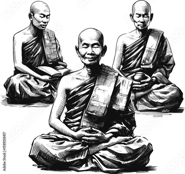 Fototapeta The Monk Who Smiled at the World Thai monk linework vintage ink sketch hand drawn pen drawing illustration background vector