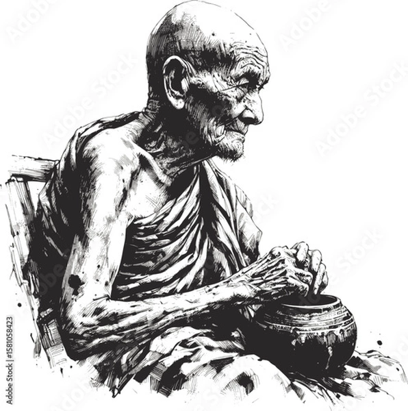 Fototapeta One Bowl, Infinite Blessings Thai monk linework vintage ink sketch hand drawn pen drawing illustration background vector