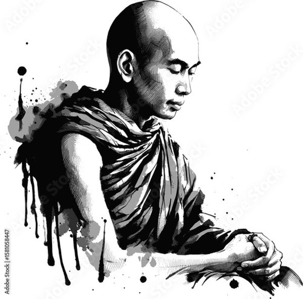 Fototapeta Eyes Closed, Soul Open Thai monk linework vintage ink sketch hand drawn pen drawing illustration background vector