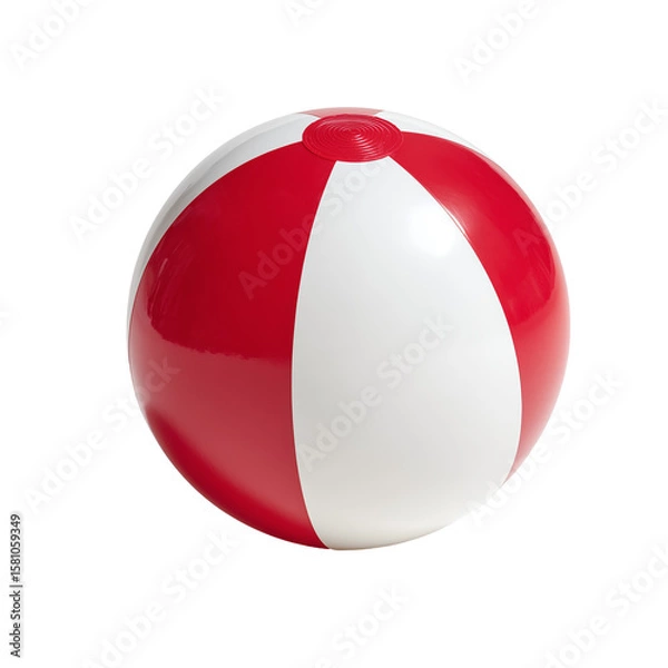 Obraz A red and white beach ball isolated on a white background. The ball features alternating bright red and white panels with a glossy, smooth surface that reflects light, giving it a playful and summery 