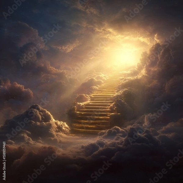Fototapeta A glowing golden staircase ascends into radiant clouds, bathed in divine light, symbolizing the path to heaven in a surreal, peaceful scene.
