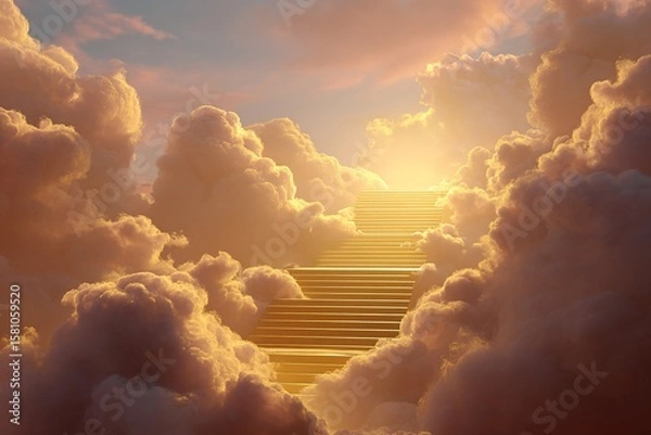 Fototapeta A glowing golden staircase ascends into radiant clouds, bathed in divine light, symbolizing the path to heaven in a surreal, peaceful scene.