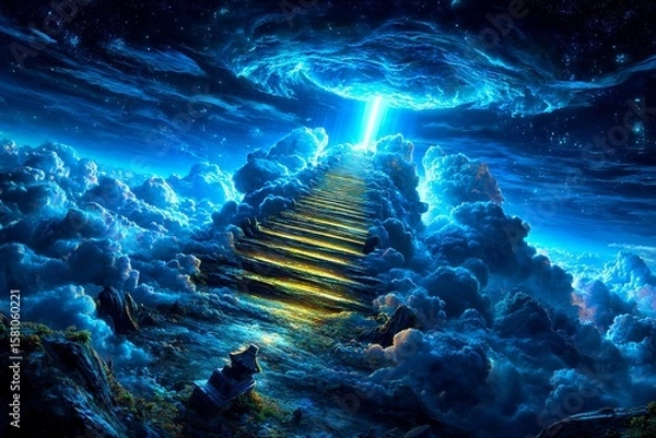Fototapeta A glowing golden staircase ascends into radiant clouds, bathed in divine light, symbolizing the path to heaven in a surreal, peaceful scene.
