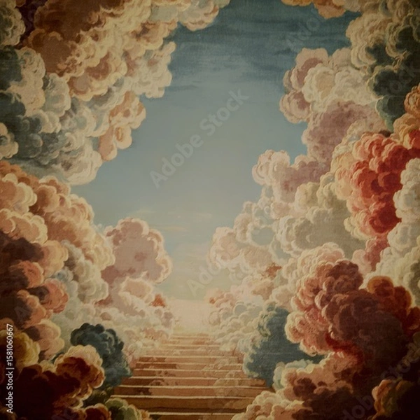 Fototapeta A glowing golden staircase ascends into radiant clouds, bathed in divine light, symbolizing the path to heaven in a surreal, peaceful scene.