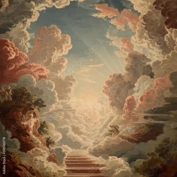 Fototapeta A glowing golden staircase ascends into radiant clouds, bathed in divine light, symbolizing the path to heaven in a surreal, peaceful scene.
