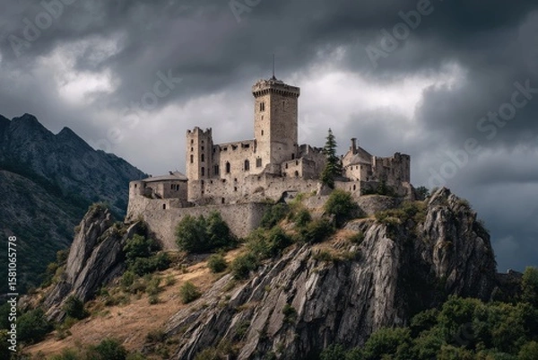 Obraz Majestic medieval castle perched atop a rocky mountain under a dramatic sky.