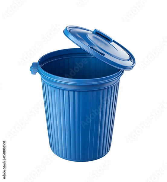 Fototapeta Blue trash can with lid open isolated on white or transparent background