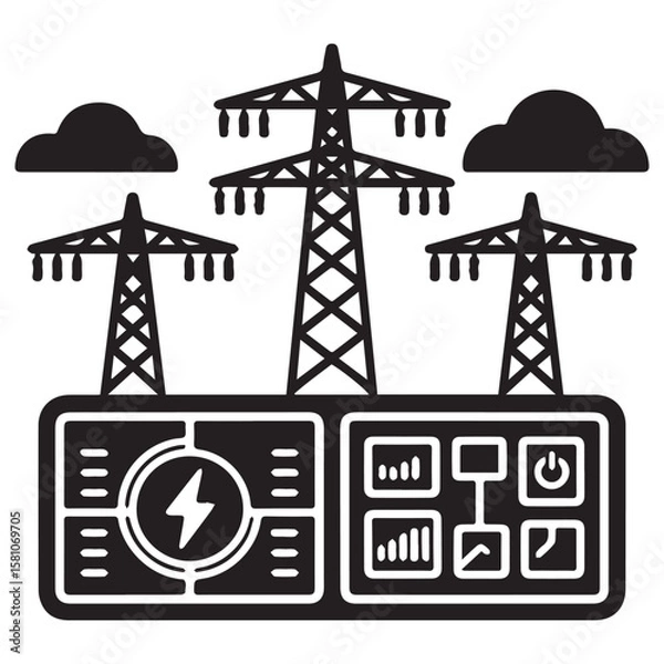Fototapeta Energy Control System with Power Grid and Transmission Towers