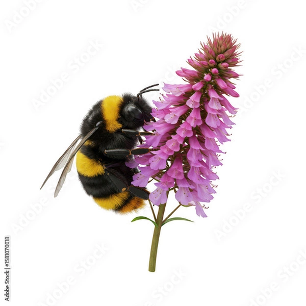 Fototapeta A fuzzy bumblebee collects nectar from a delicate pink flower isolated on transparent background