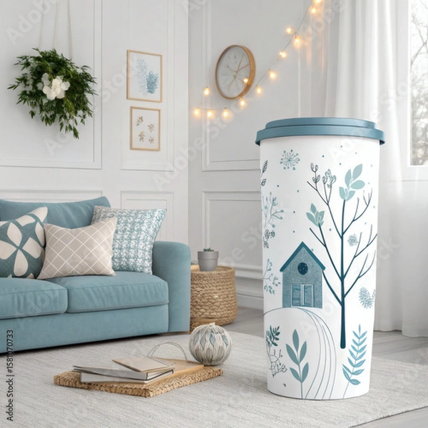 Fototapeta Cozy living room with teal sofa, decorative items, and a stylish travel mug