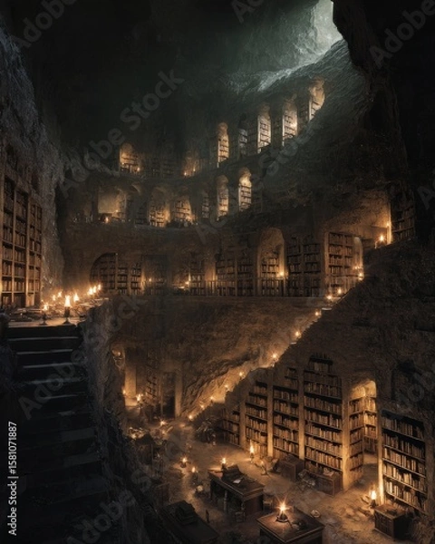 Fototapeta Enchanted cave library glowing with candlelight.  Rows upon rows of ancient books line the walls of this mystical space.