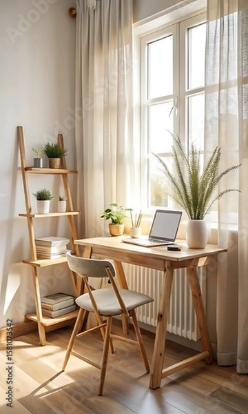 Fototapeta A bright and airy home office with a wooden desk, laptop, and plants near a window