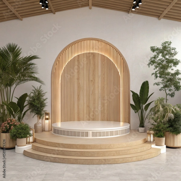 Fototapeta Modern interior design with a circular stage and lush green plants