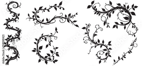 Fototapeta Liana plants silhouette. Tropical climbing creepers branches with moss, rainforest flora flat vector illustration isolated on white background