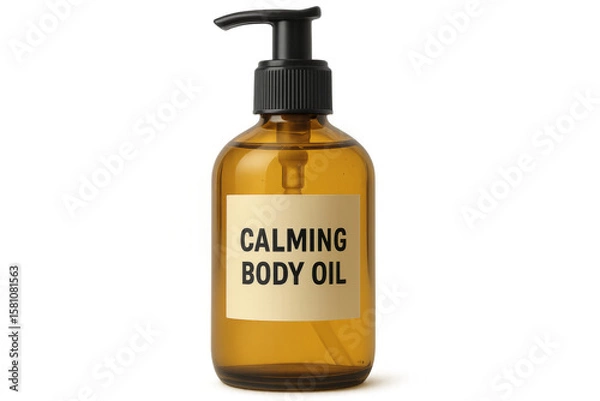 Fototapeta Calming body oil in an amber glass bottle with a pump dispenser on transparent background