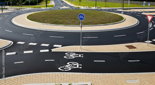 Fototapeta Aerial View of a Modern Roundabout with Bicycle Lanes and Clear Signage for Safe Traffic Management