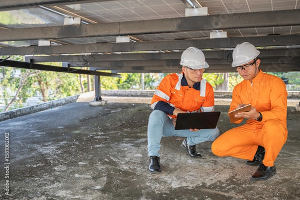 Fototapeta Solar Technician at Work,Inspecting Solar Panels,Checking Circuit Flow,Ensuring Renewable Energy Efficiency,On Rooftop,Modern Engineering Practice,Electrical Systems Maintenance